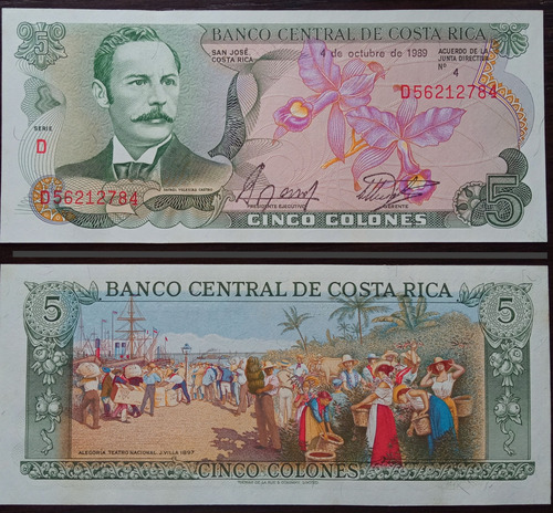 Billete De 5 Colones. Costa Rica, 1989.