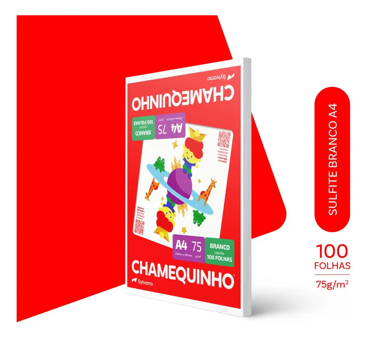 Papel Sulfite Chamequinho Branco A4 75g 210x297mm Uso Escolar Artístico e Profissional 100 Folhas