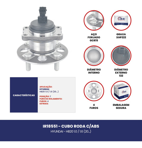 Cubo Roda Traseiro C/ Abs Hyundai Hb20 1.0 1.6 2020 Adiante