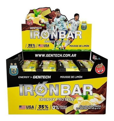 Suplemento en barra Gentech  Iron Bar proteína sabor mousse de limón en caja pack x 20 u