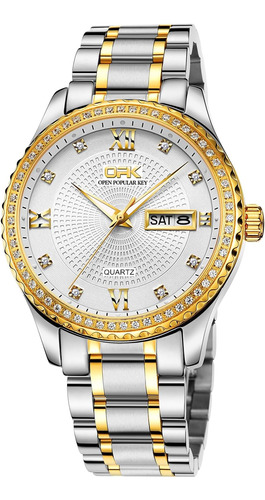 Opk Relojes Para Hombres Diamante Plata Lujo Acero Inoxidabl