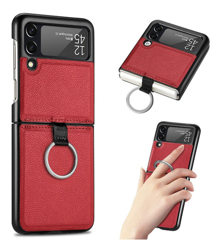 Carcasa Para Samsung Z Flip 4 Cuero Anillo + Lamina Hidrogel