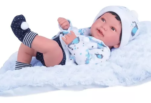 boneca bebe reborn menino corpo de silicone roupa azul com babador