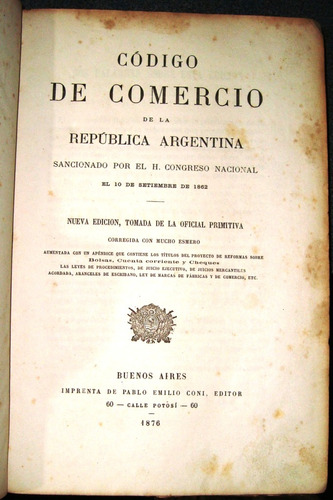 Codigo Comercio Republica Argentina 1876 Velez Sarfield Etc
