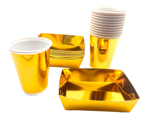 Kit Vasos Y Platos Cuadrado Dorado Metalizado X 10 Personas