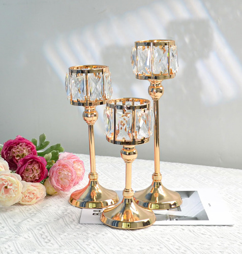 Porta Velas Cristal Para Centros De Mesa Juego De 3, Dorad