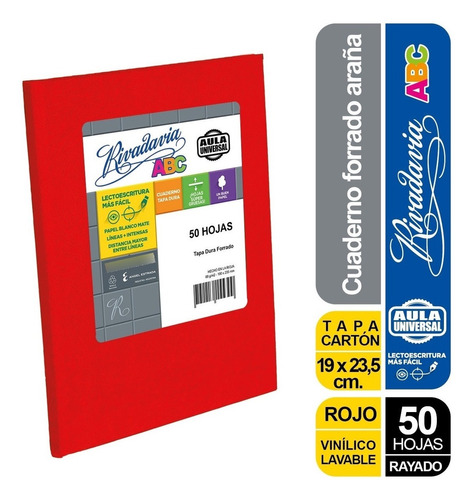 Cuaderno Tapa Dura Rayado 50h Abc Aula Universal Rojo