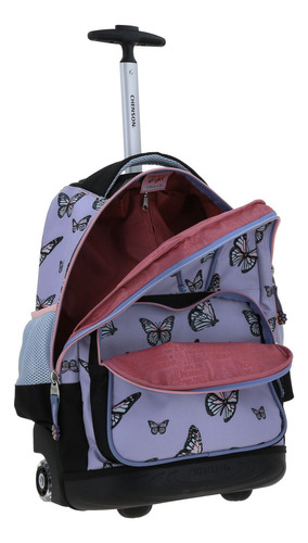 Mochila Grande Chenson De Baston Con Ruedas Luz Led Inobu Mariposas Color Morado Diseño De La Tela Liso