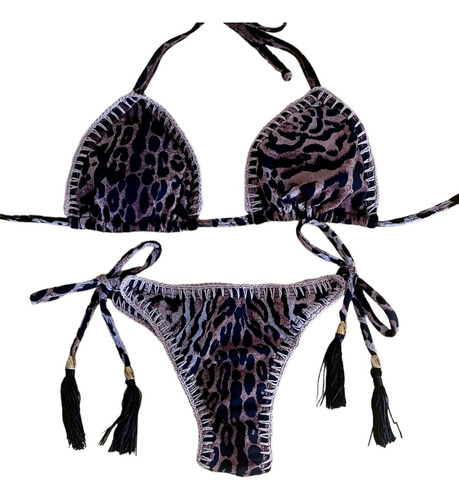 Conjunto Biquíni Cortininha Animal Print Detalhes Crochê