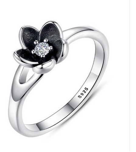 Anillo Plata Flor Negra Estilo Pandora