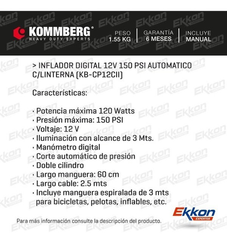 Imagen 2 de 10 de Inflador Digital Kommberg Mini Compresor Auto 12v Linterna