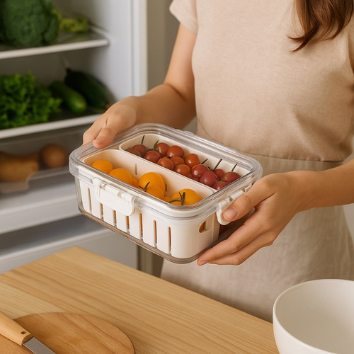 Organizador De Geladeira Multiuso Com Tampa 2 Divisórias Transparente/branca