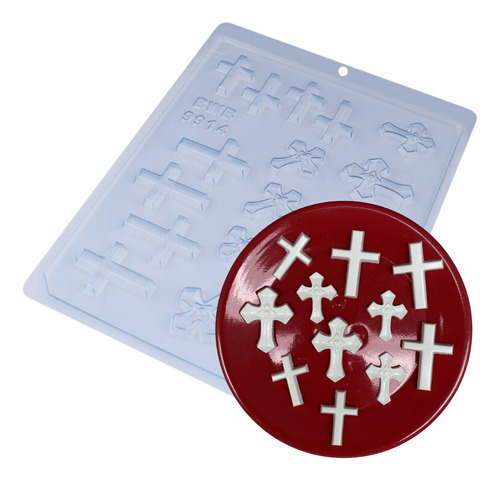 5 Forma Acetato Chocolate Confeiteiro Aplique Cruz Religioso Cor Prateado