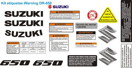 Calcomanias Suzuki Advertencia Dr 650