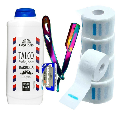 Kit Barberia Talco + Navaja + 5 Rollo Papel Cuello 