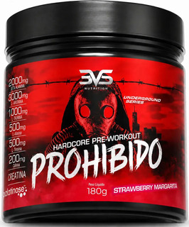 PRÉ TREINO PROHIBIDO 180g Sabor Strawberry Margarita (Morango) - Fórmula Avançada contendo Creatina, Beta Alanina, Taurina, L-tirosina, L-alanina, Cafeína, Arginina e Palatinose - Extra Forte