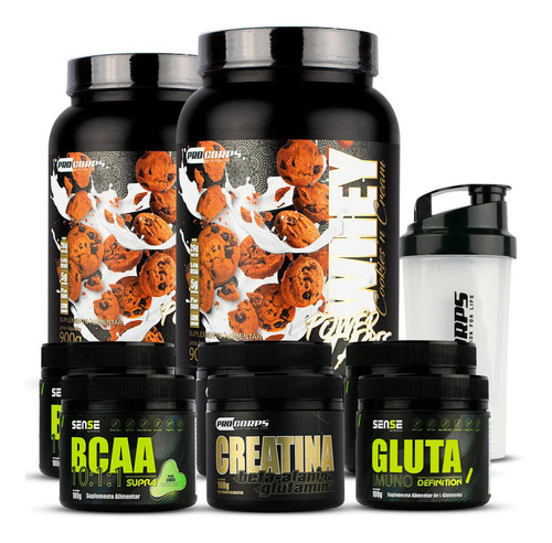 Kit 2 Whey 3w 900g +2 Creatina + 2 Bcaa +2 Glutamina +shaker Sabor Chocolate Waffle