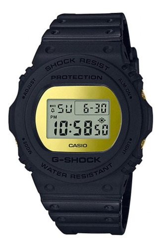 Reloj pulsera Casio G-Shock DW-5700 de cuerpo color negro, digital, fondo dorado y gris, con correa de resina color negro, dial negro, minutero/segundero negro, bisel color negro, luz azul verde y hebilla simple