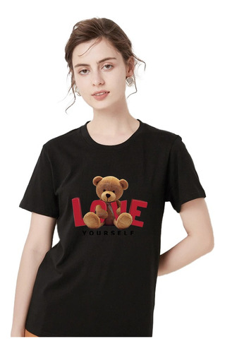 Camiseta Casual Con Estampado De Eslogan De Oso Para Mujer