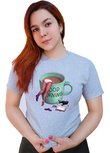 Polera Dama Estampada 100%algodon Diseño Buenos Dias Café