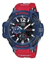 Comprar Reloj pulsera Casio Gravitymaster GA-1100 de cuerpo color azul, analógico-digital, para hombre, fondo negro, con correa de resina color rojo, agujas color blanco, gris y azul y rojo, dial blanco, sube