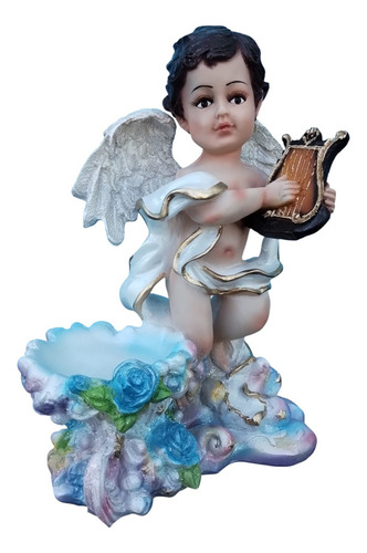 Angel Querubín Con Arpa Dulcero Figura Resina Centro Mesa Color Multicolor