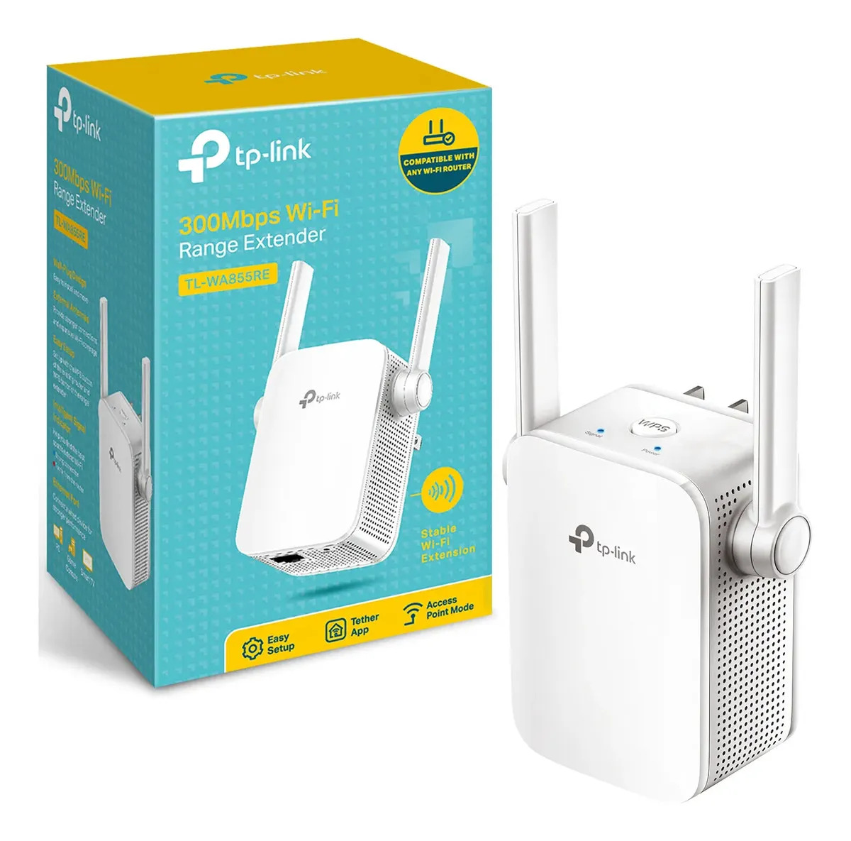 TP-Link TL-WA855RE Repetidor WiFi - Extiende tu red inalámbrica - Hasta 300Mbps en 2.4GHz - 2 Antenas Externas - Puerto Ethernet - Luz de Señal - Modo Punto de Acceso - Fácil Instalación - App Tether