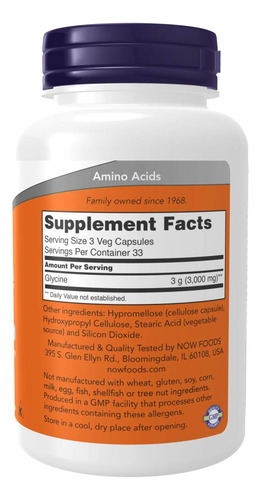Suplemento De Glicina De Now Foods, 1000 Mg, 100 Cápsulas Ve