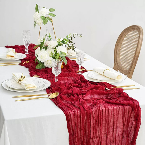 2pzs Caminos De Mesa Gasa Elegante Boho Decoración Boda Color Nude Red Mantel Decorativo Ruffled Mantel Decoración de Mesa Celebración de Cumpleaños Decoración de Estilo Vintage