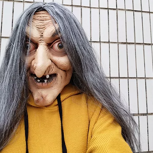 Máscara de bruxa velha feia adulta, adereços assustadores, látex com  cabelo, traje de festa de Halloween para mulheres