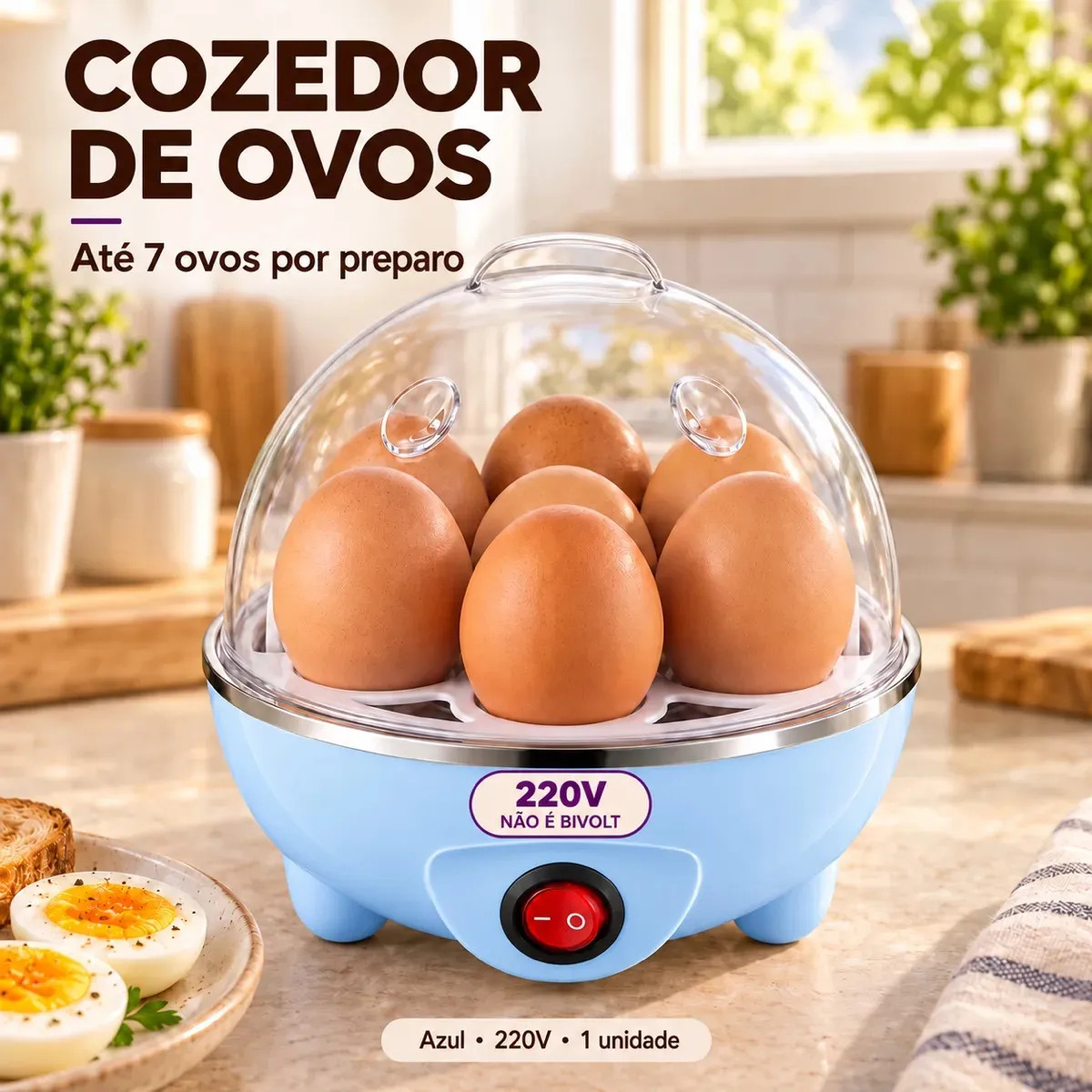 Cozedor De Ovos Elétrico Portatil Azul Cozinhar A Vapor Legumes 7 Ovos Com Desligamento Automático 220v