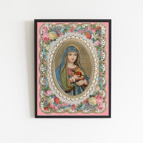 Quadro Sagrado Coração De Maria Floral Vintage 45x34cm Preta