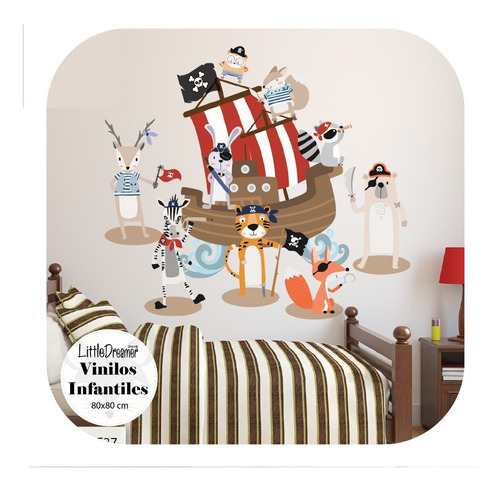 Vinilo Decorativ Infantil Barco Animales Piratas Pc37a 100cm