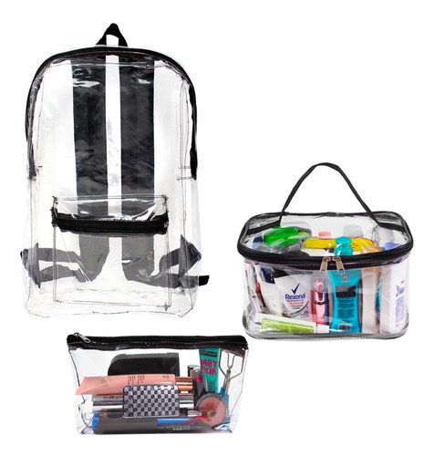 Set Mochila Transparente + Neceser + Cosmetiquera