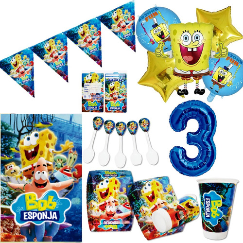 Kit Decoración Bob Esponja X12 Niños Bouquet + Numero