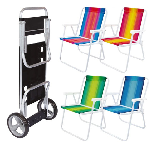 Kit Carrinho De Praia + 4 Cadeiras De Praia Aço