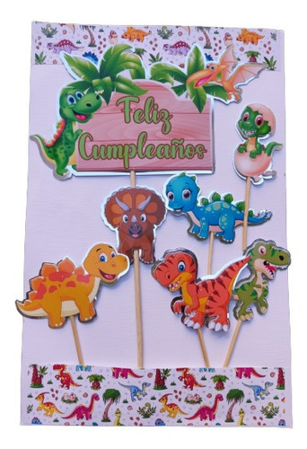 Pack 5 Topper De Torta De Cumpleaños Dinosaurios