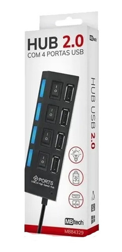 Kit Com 8 Plug In 2.0 Hub Usb 4 Portas Usb Mb Tech