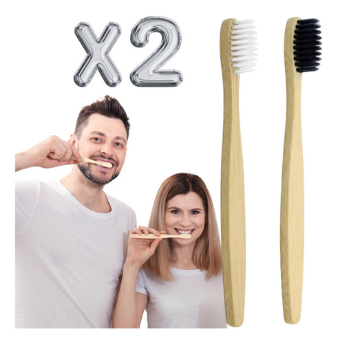 Duo Pareja Cepillo Dientes De Bambú Ecológico Biodegradable Color Negro y blanco