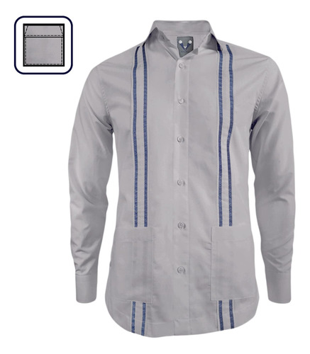 Camisa Guayabera Gris Bordada Manga Larga Slim Para Hombre