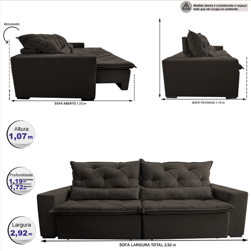 Sofá Lisboa 2,92m Retrátil, Reclinável com Molas no Assento Tecido Suede Velusoft Café - Cama InBox