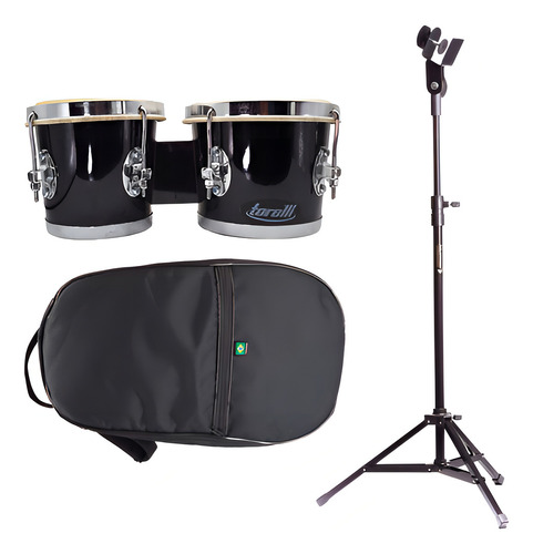 Instrumento De Percussão Bongô Preto Com Pedestal E Capa