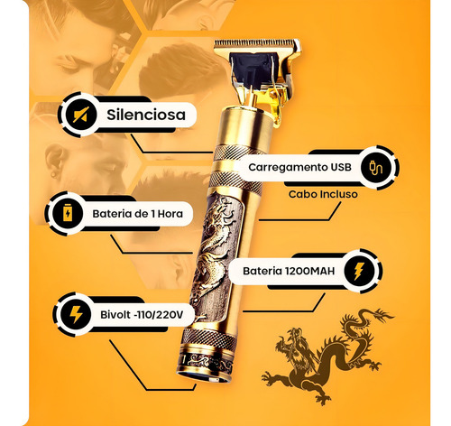 Máquina Profissional Cabelo Barbear Acabamento Recarregável Cor Dourado