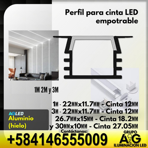 Perfil Empotrable 3m 22x11.7mm Para Cinta Led 12mm