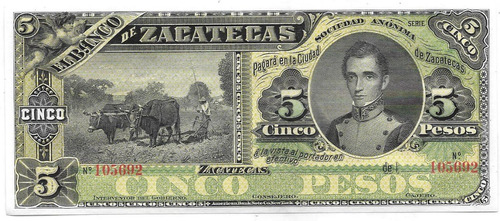 Billete Mejico Zacatecas 5 Pesos Año 1914 Catalogo S 475 Sin Circular