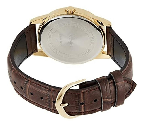 Reloj de pulsera Casio Enticer MTP-V001 de cuerpo color dorado, analógico, para hombre, fondo dorado, con correa de cuero color marrón, agujas color dorado, dial negro, minutero/segundero negro, bisel color dorado y hebilla simple