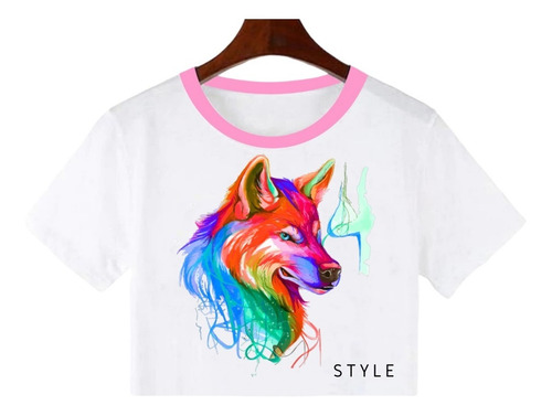 Playera Corta Crop Top Mujer Lobo Acuarela / Moda Casual