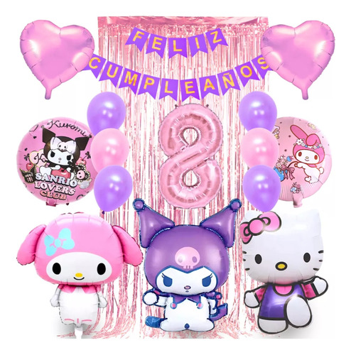 Set Sanrio 16 Piezas Globos Metalizados Cumpleaños Violeta Y Rosa Kuromi My Melody Hello Kitty