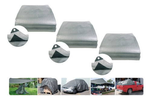 Pack 3 Lona Reforzada 3 X 5  M Gris Uso Rudo Impermeable
