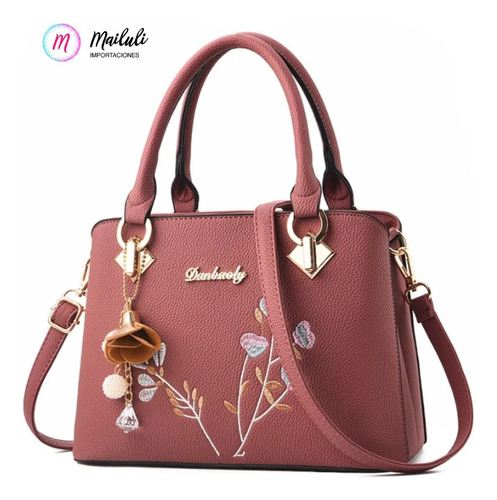 Cartera Tote Bolso De Dama Con Flores Bordadas Y Rosa